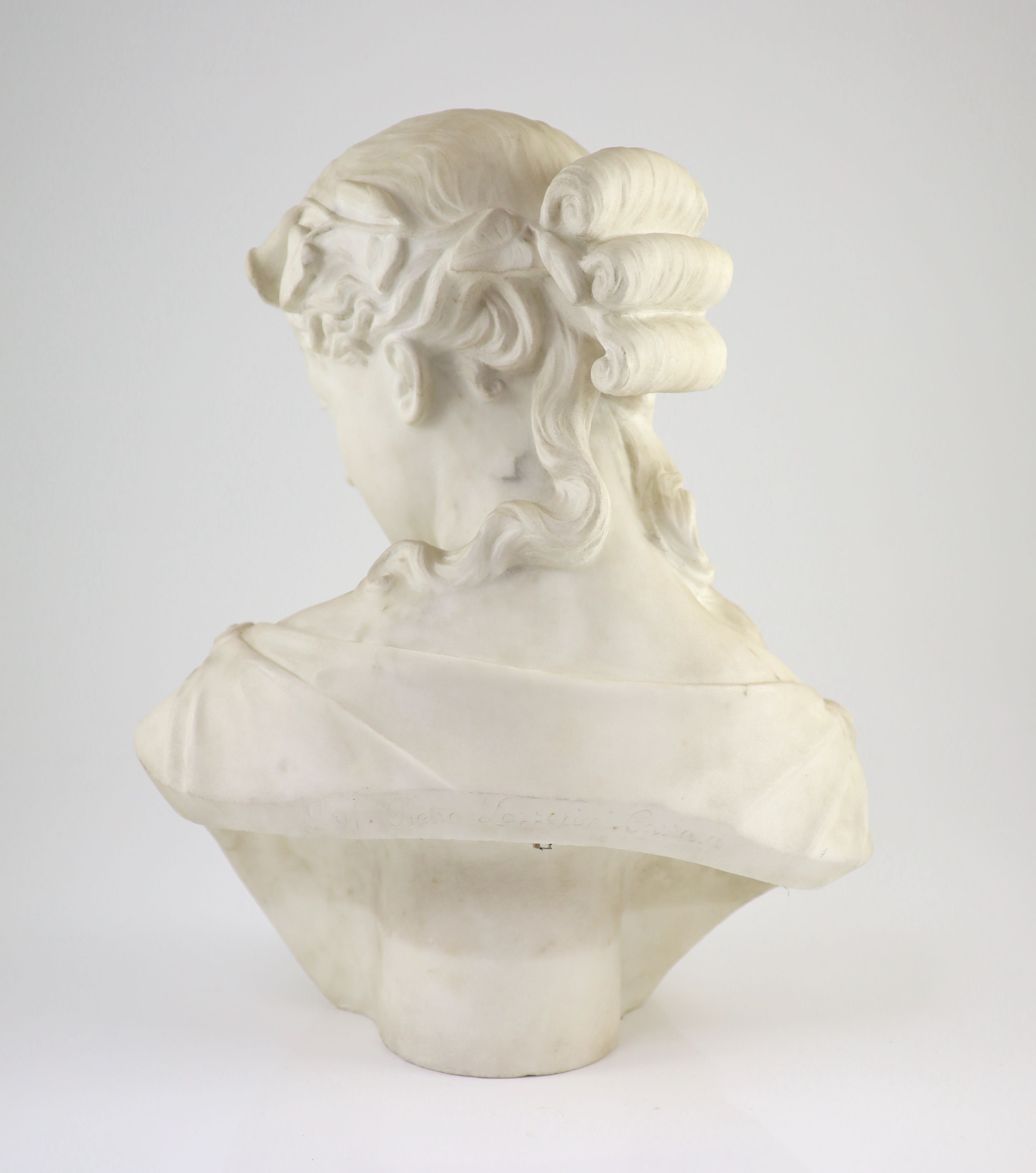 Prof. Pietro Lazzerini (Italian, 1842-1918), a carrara marble bust of a maiden H 43cm.